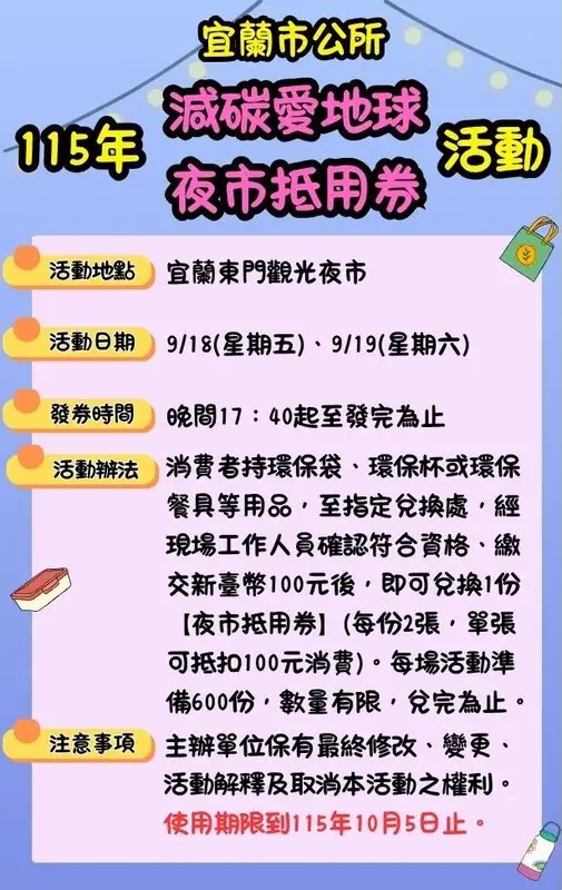 東門夜市減碳送好康！100元換200元抵用券～兩晚限量1200份