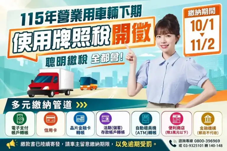 營業用車注意！下期牌照稅10月1日開徵～繳納期限順延至11月2日
