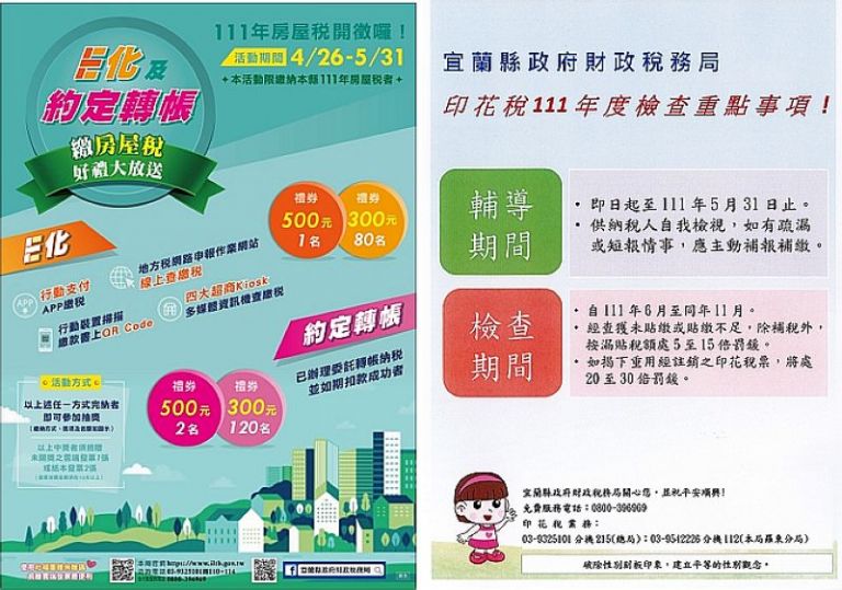 縣府推繳房屋稅可抽獎．印花稅五月底前可補繳
