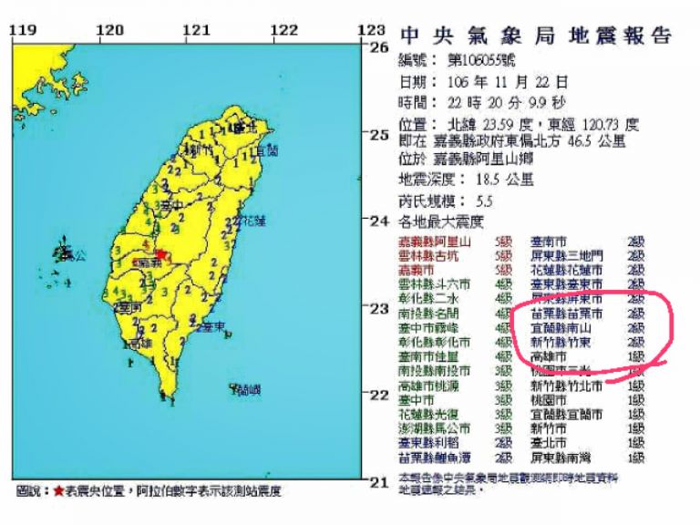 剛剛22：20全台地震  宜蘭南山2級