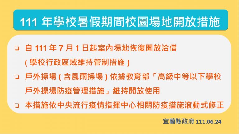 宜蘭縣+783 7/1起校園戶外操場開放、室內場地開放洽借