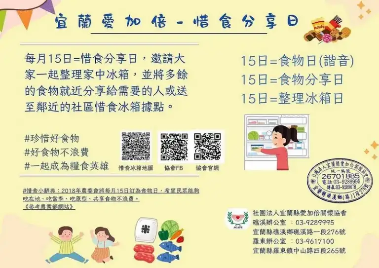 15日=食物日（諧音）～食物分享日．整理冰箱日．珍惜食物