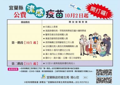 公費流感疫苗、肺炎鏈球菌疫苗～10/2 起全縣開打