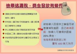 檢舉逃漏稅～每案獎金20％．上限480萬元