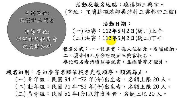 三興宮保生大帝～舉辦歌唱大賽．今起三天報名