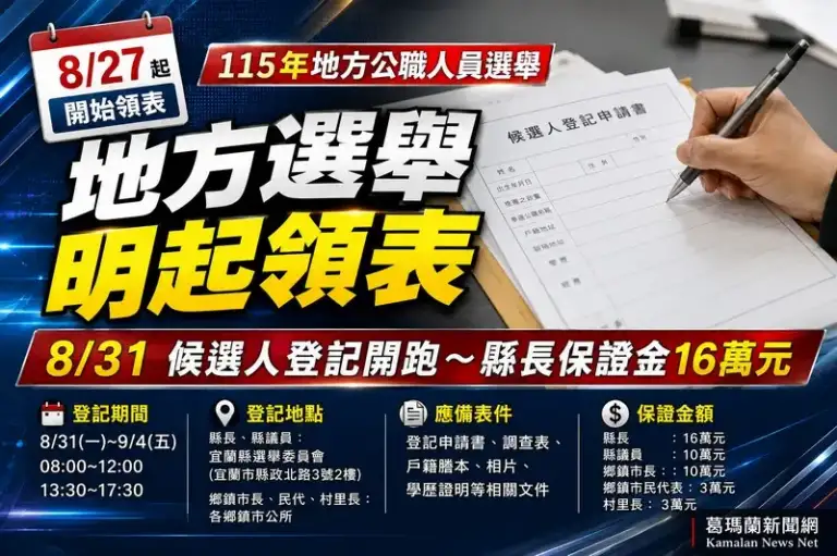 地方選舉8月27日起領表 宜蘭縣長、議員等候選人8月31日起登記